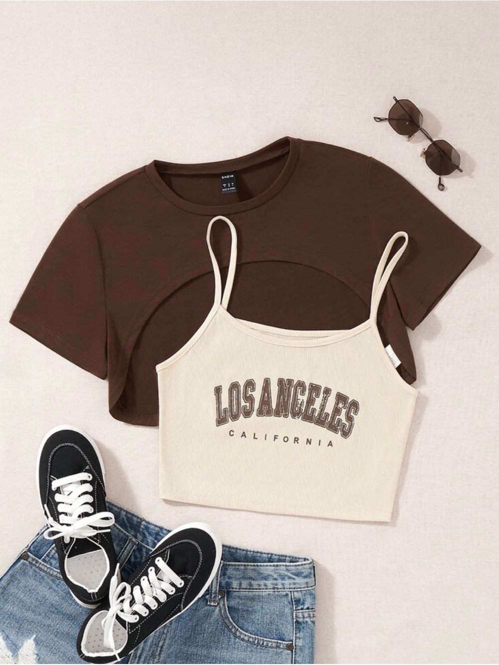 SHEIN Cream 'Los Angeles' Ribbed Spaghetti Crop with Brown Layer Tee